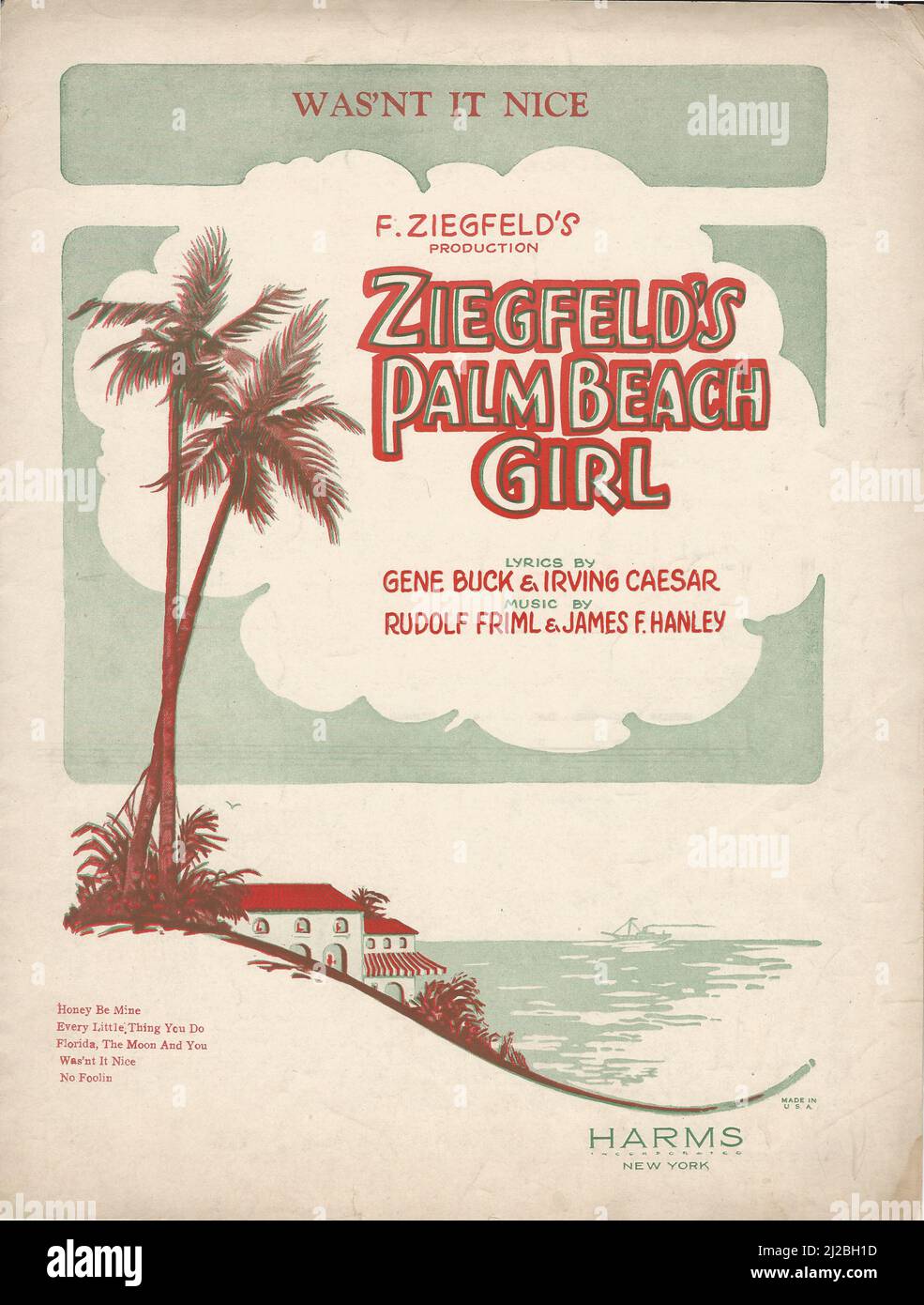 'Ziegfeld's Palm Beach Girl' 1926 Musical Revue Sheet Music Cover Stock Photo