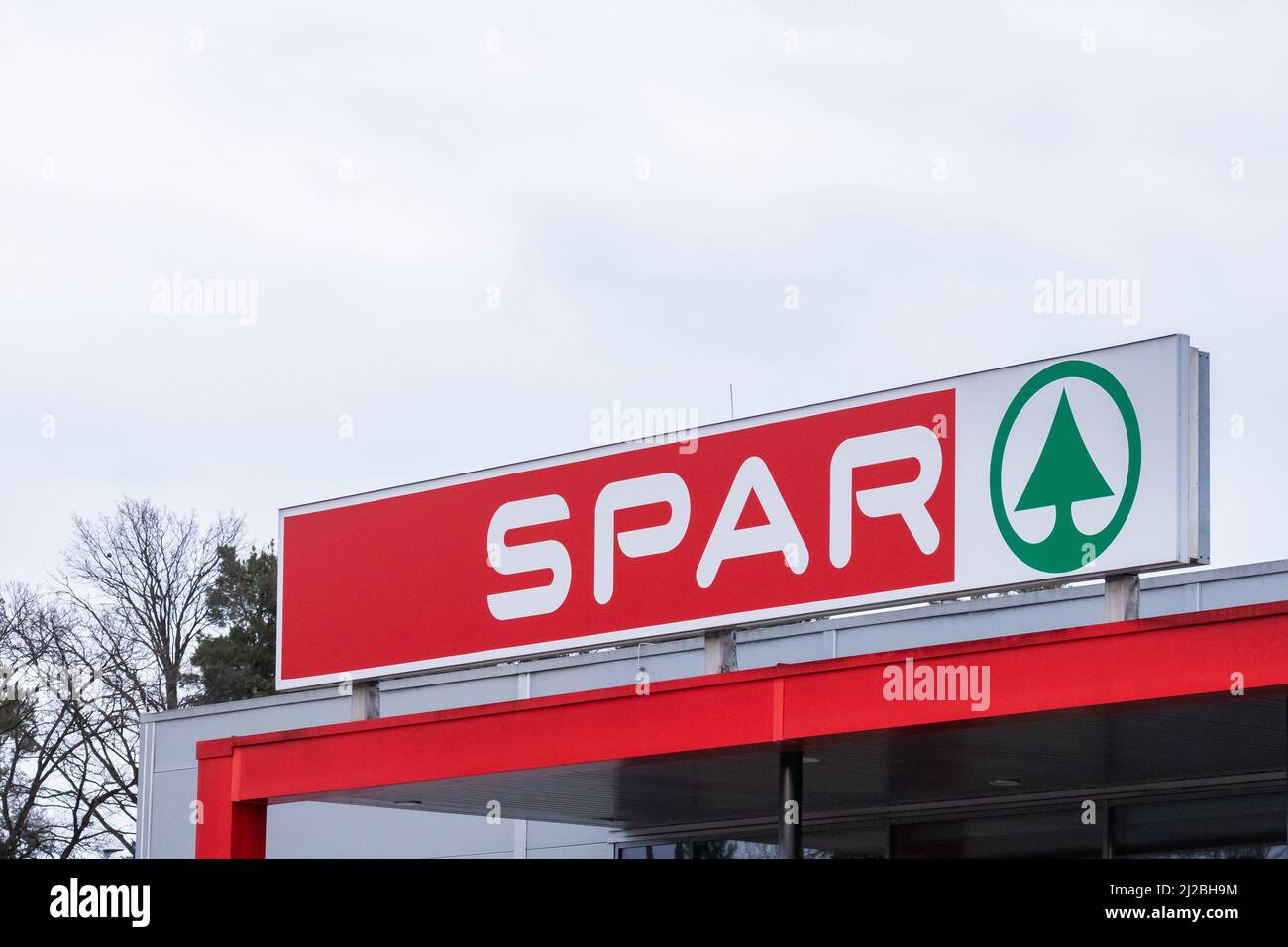 Slovenia, Ljubljana - March 9 2022: SPAR logo outside on the grocery store. Stock Photo