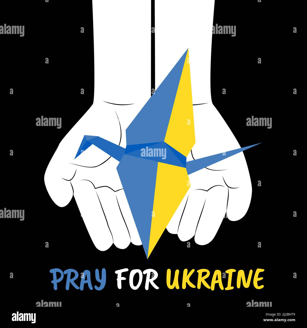 Paper origami crane in colors of Ukrainian flag on open childrens hands. Concept of humanity and peace, against war in Ukraine. Japanese symbol of peace and pray for Ukraine text vector illustration Stock Vector