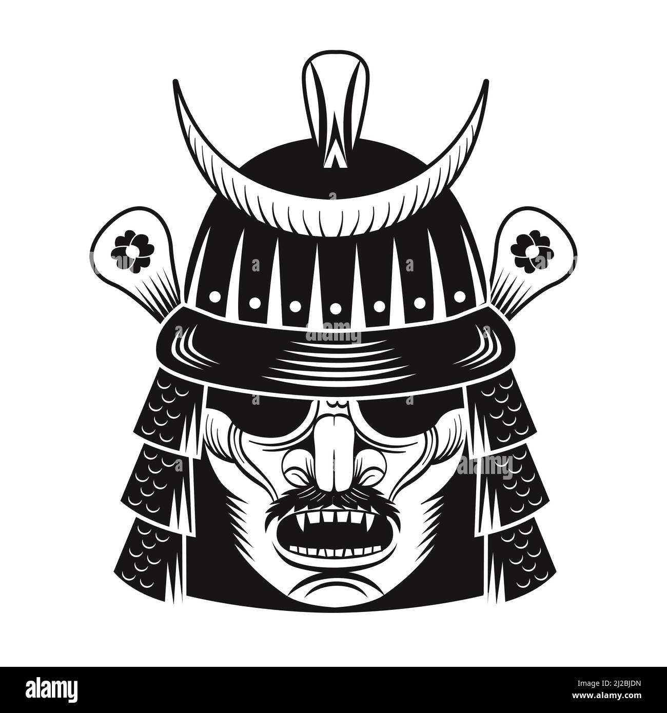 Japanese warrior black mask flat image. Japan samurai. Vintage vector