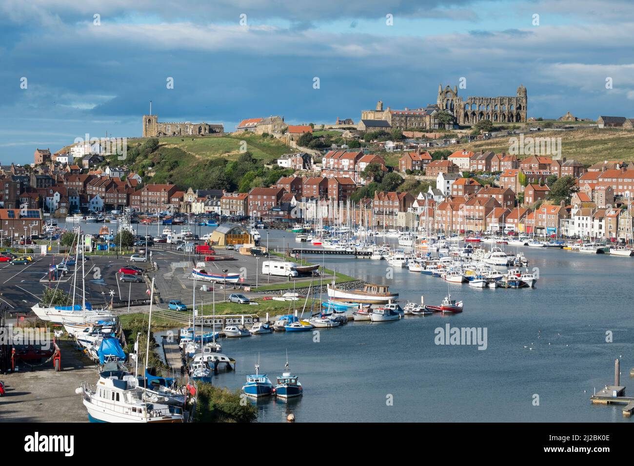 View of Whitby harbour showing the Church and Abbey. Stock Photo