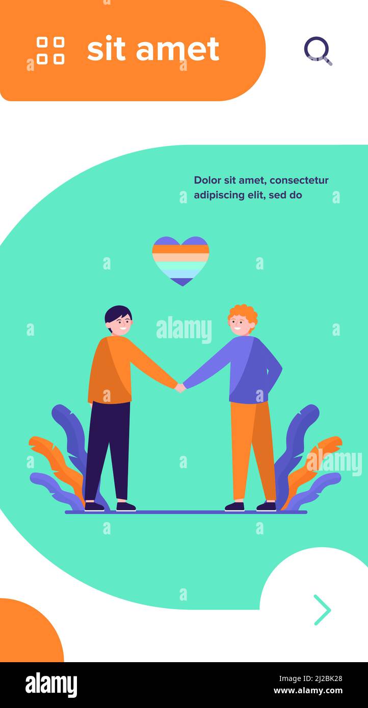Male gay couple with rainbow heart. Cheerful men holding hands flat vector illustration. Homosexuality, LGBT, gay pride parade concept for banner, web Stock Vector