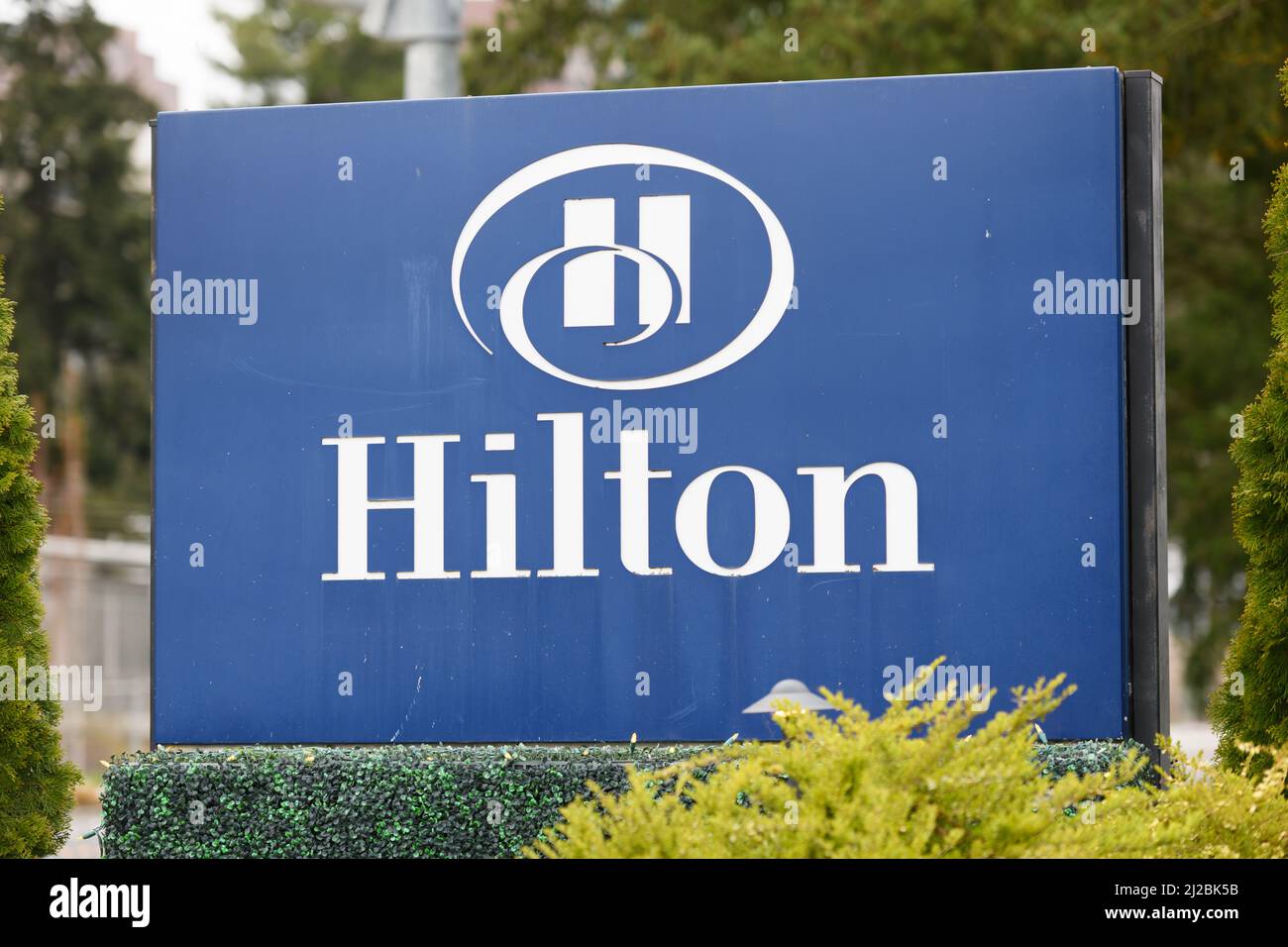 Bellevue, WA, USA March 29, 2022; Blue and white sign for a Hilton