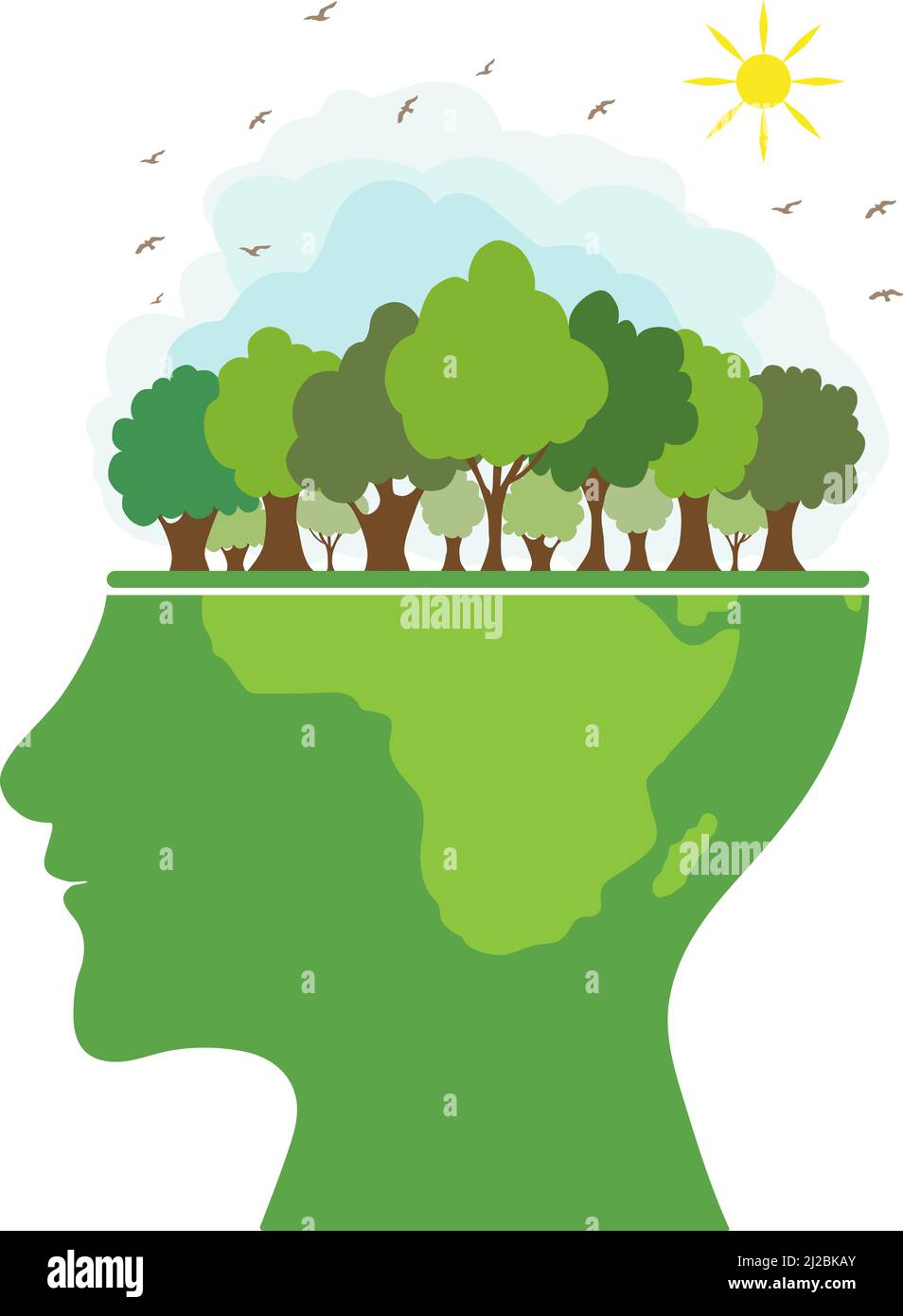 Silhouette of a human head with a natural landscape on it. Green trees ...