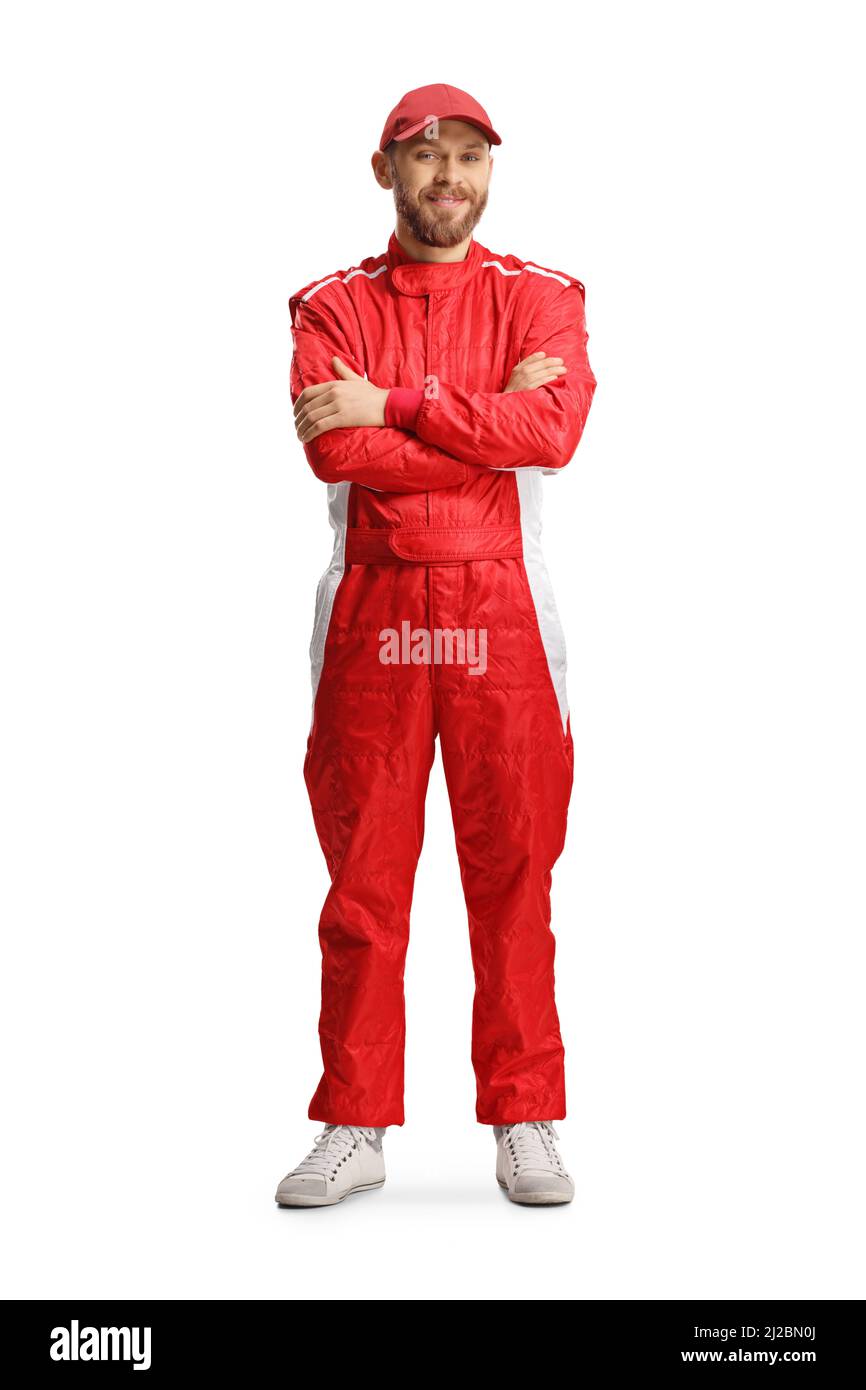 Racer with a helmet and a red suit posing with crossed arms isolated on white background Stock Photo