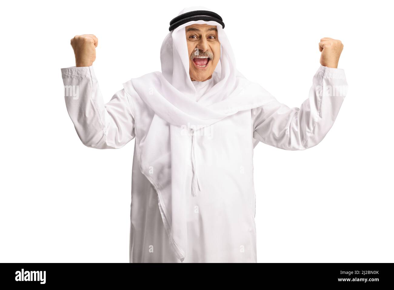 Excited arab man with wearing dishdasha and gesturing happiness isolted on white background Stock Photo