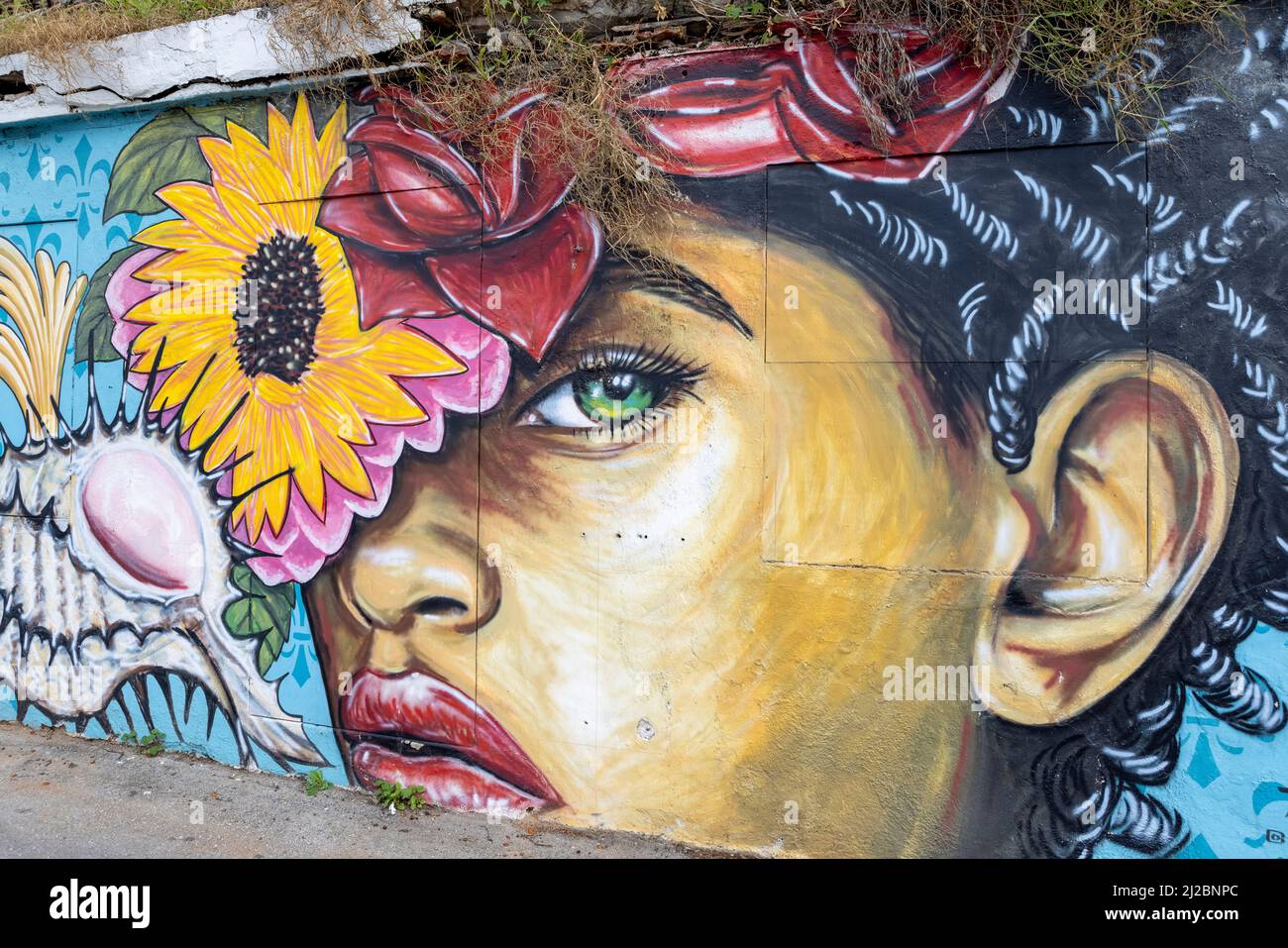 Colorful mural of a beautiful woman in Willemstad, Curacao Stock Photo