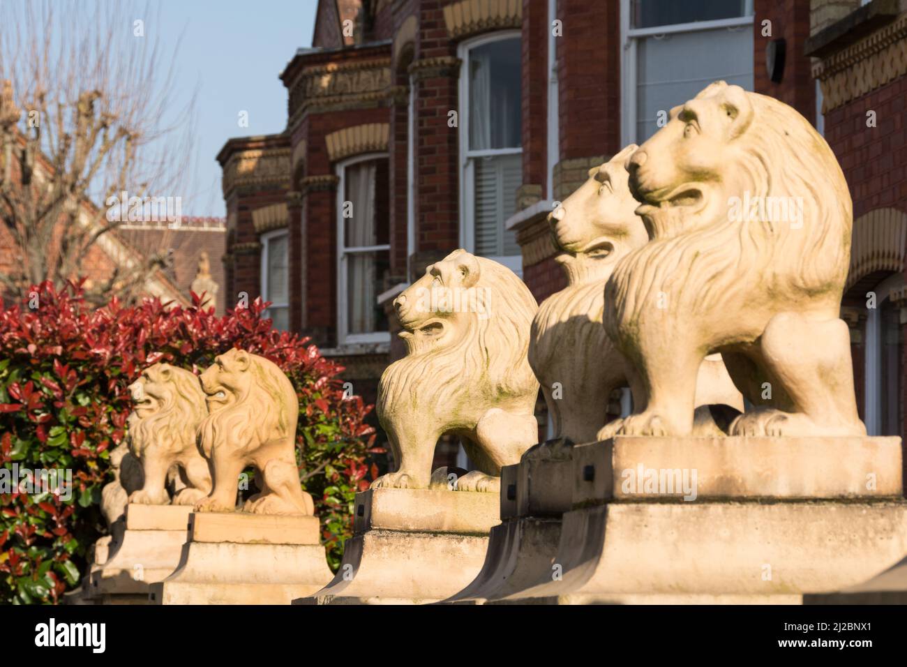 Closeup of James Nicholl's lion statues on the gates of Lion Houses in