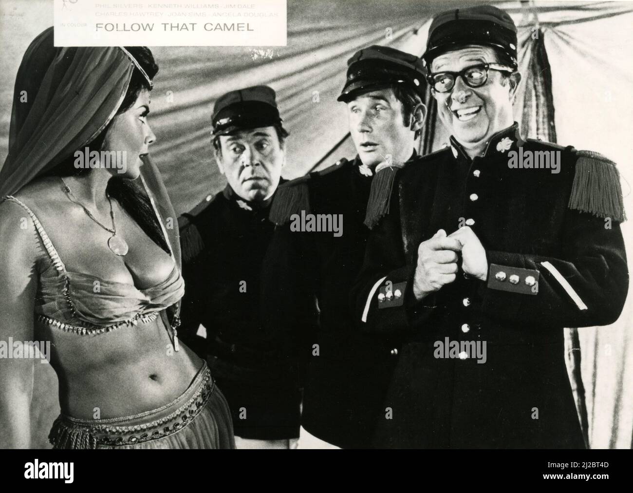 English actors Peter Butterworth and Jim Dale, and American entertainer Phil Silvers in the movie Follow That Camel, UK 1967 Stock Photo