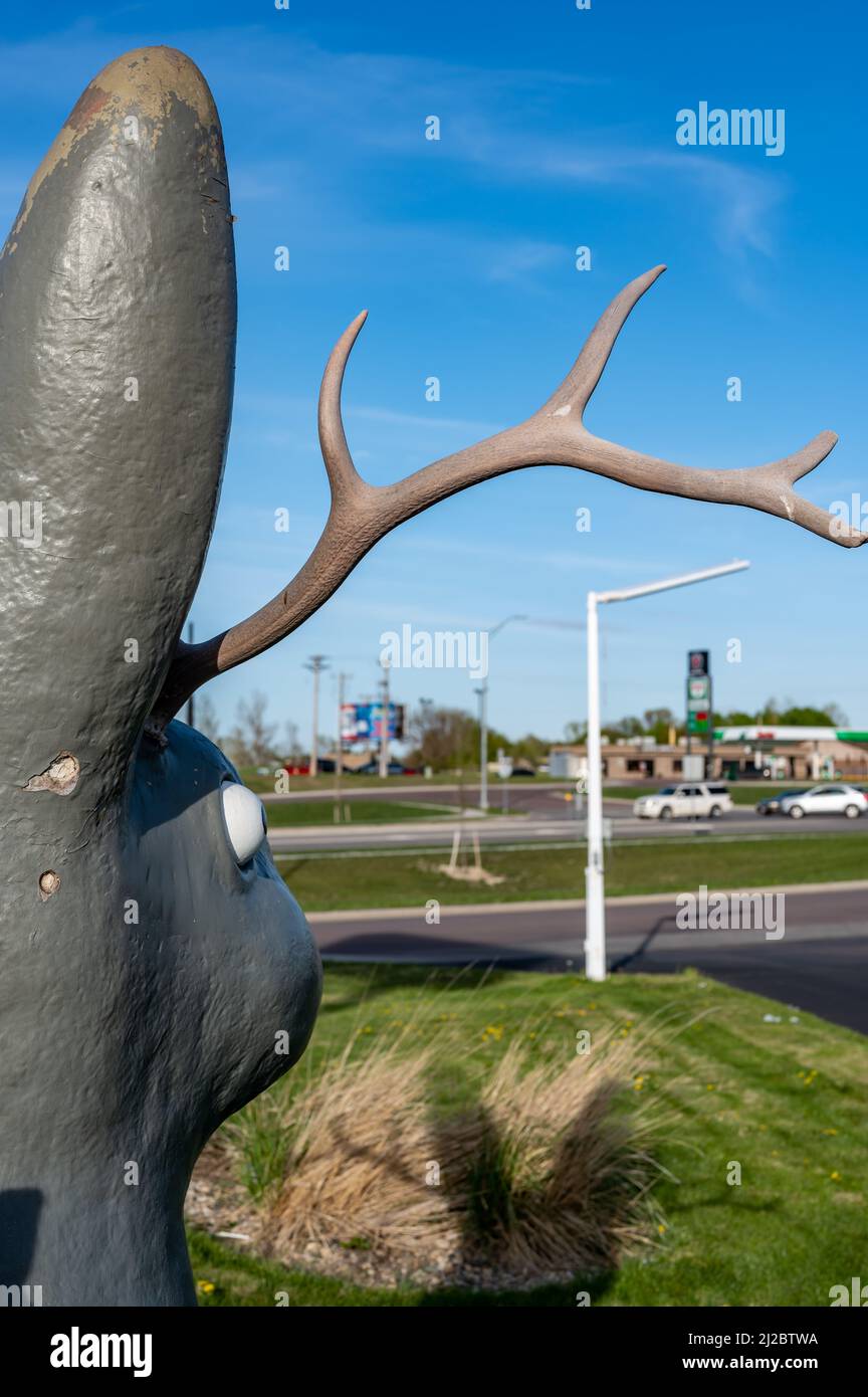 Mitchell, South Dakota, USA - 5.2021 - Jackalope sculpture along highway to attract tourists  Stock Photo