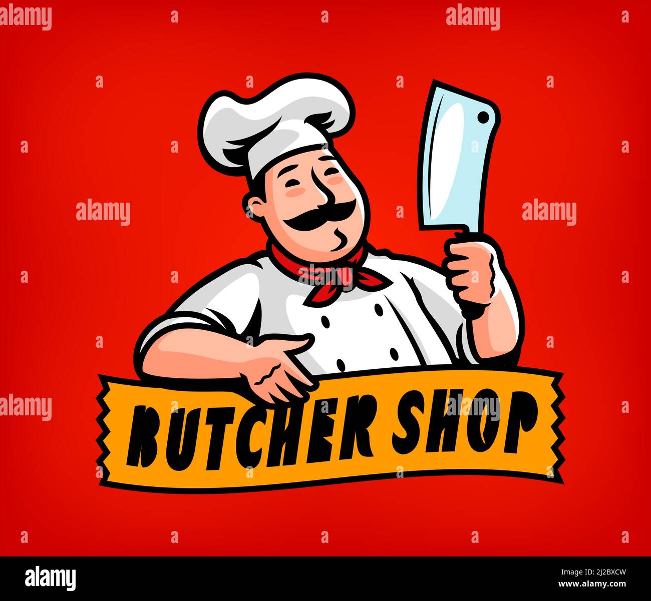 Chef with cleaver logo. Emblem for butcher shop. Meat concept vector illustration Stock Vector