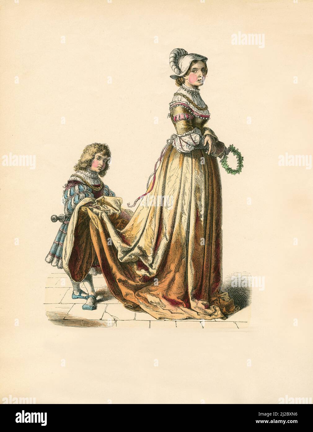 French Noblewoman and Page, First Third of 16th Century, Illustration, The History of Costume, Braun & Schneider, Munich, Germany, 1861-1880 Stock Photo
