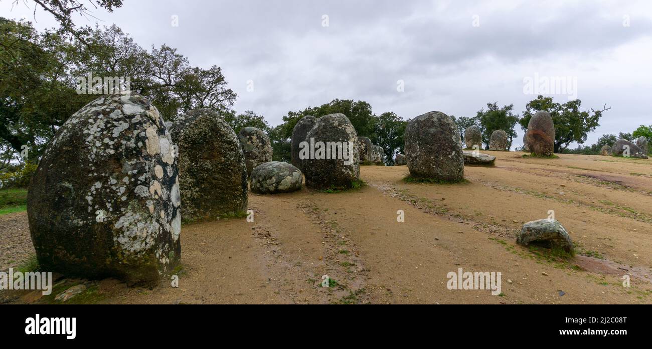 A panorama view of the Cromlech of the Almendres megalithic complex in the Alentejo region of Portugal Stock Photo