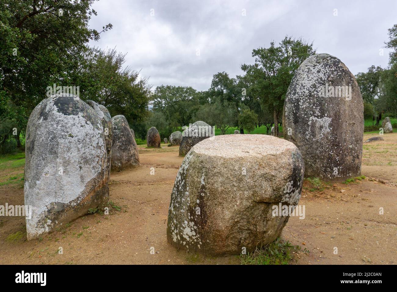 A view of the Cromlech of the Almendres megalithic complex in the Alentejo region of Portugal Stock Photo