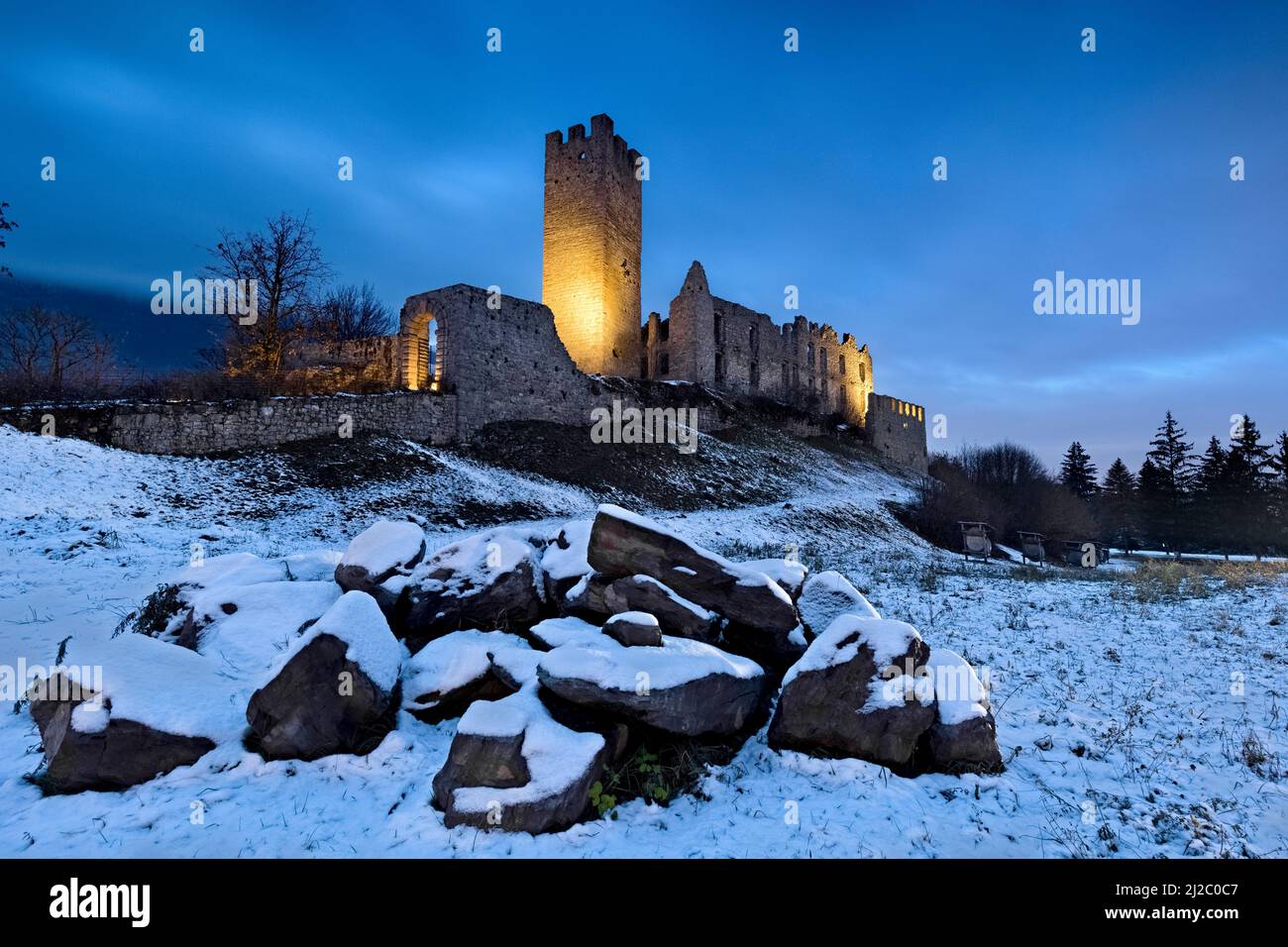 Belfort castle is one of the most fascinating medieval ruins in Trentino. Spormaggiore, Trento province, Trentino Alto-Adige, Italy, Europe. Stock Photo