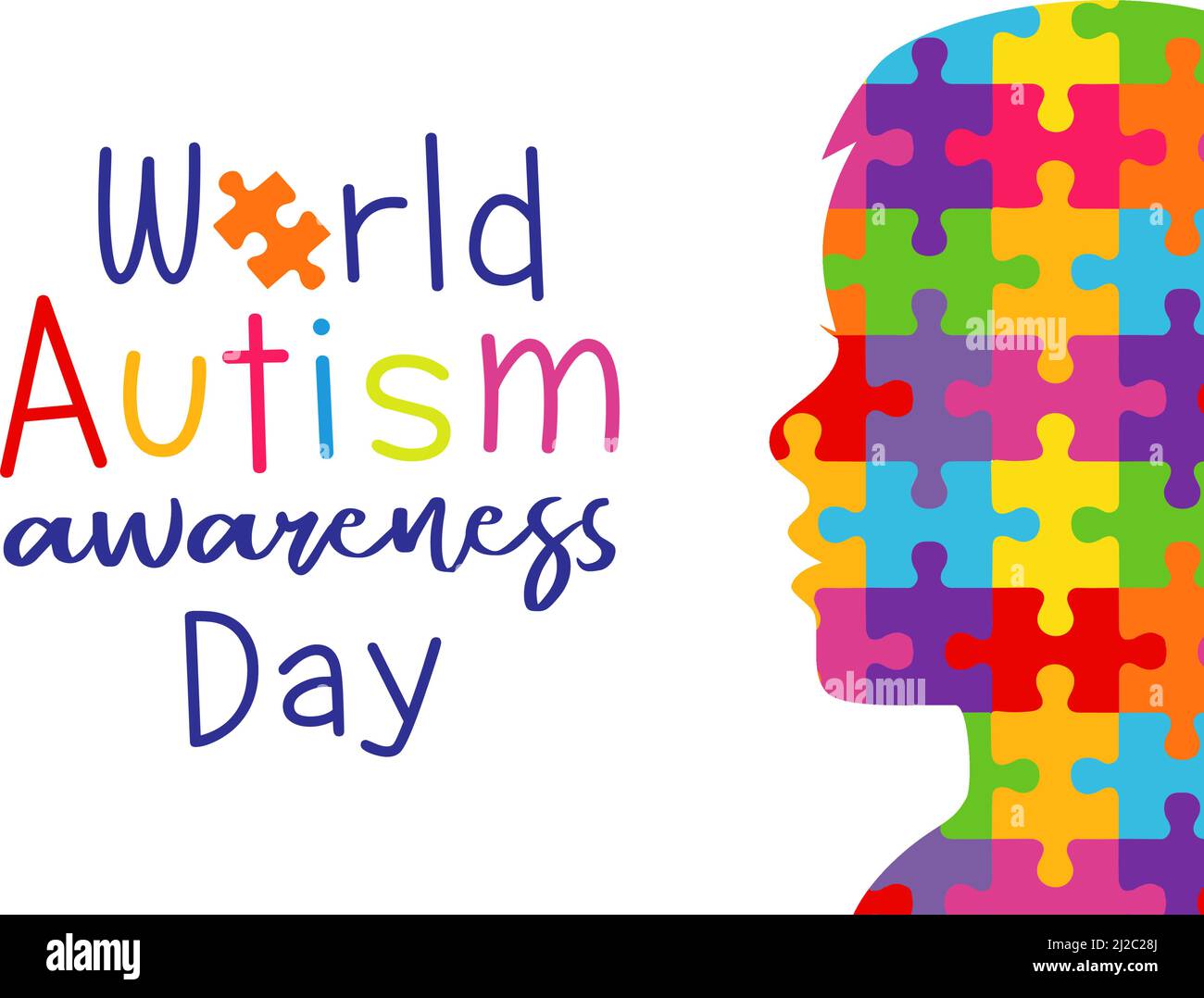 Autism Awareness Day colored puzzle, April 2. Colorful puzzles and kids face, creative banner. Isolated vector graphic design template Stock Vector