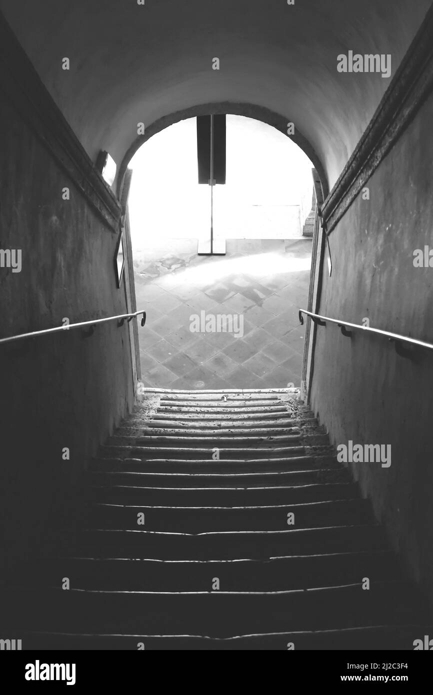 Exit down stairs Black and White Stock Photos & Images - Alamy