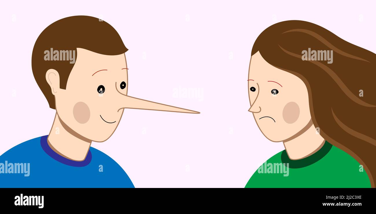 Liar man with a long nose, cheating on partner woman. Dishonesty in relations, concept vector illustration Stock Vector
