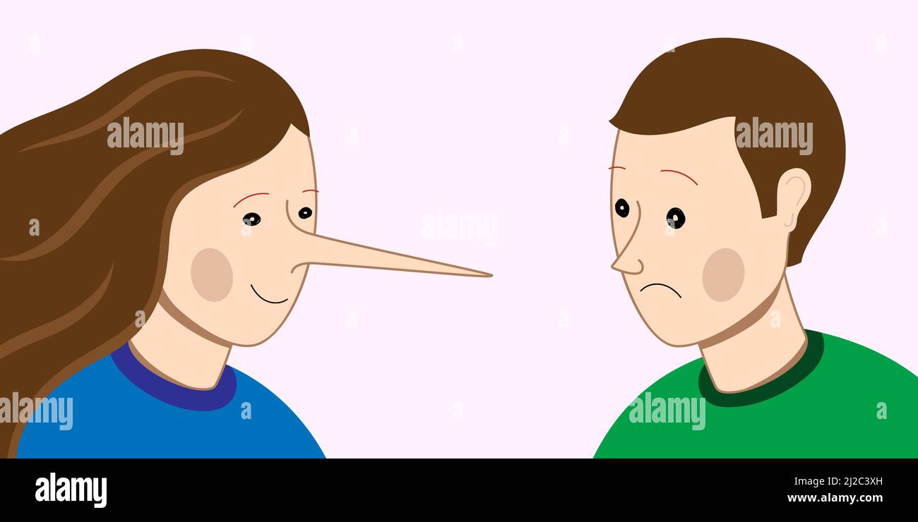 Liar woman with a long nose, cheating on partner man. Dishonesty in relations, concept vector illustration Stock Vector