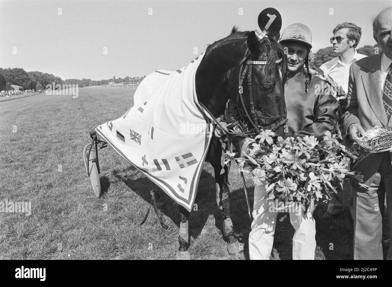 European Championships for five-year-olds at Duindigt, winner Faro ridden by Essartial, after the finish ca. 12 June 1976 Stock Photo