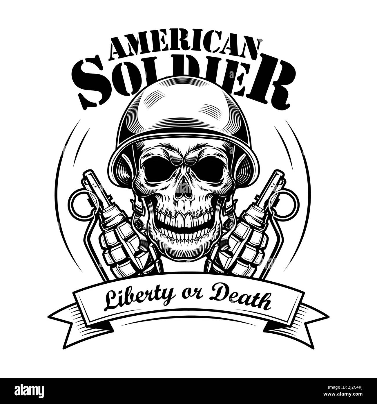 American soldier skull vector illustration. Head of skeleton in tankman helmet, two grenades and liberty or death text. Military or army concept for e Stock Vector