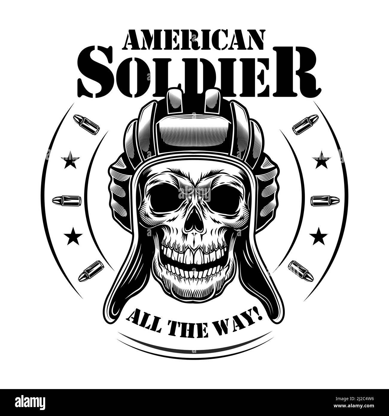 American tankman skull vector illustration. Heal of skeleton in tankman hat, circular frame with stars and bullets, all the way text. Military or army Stock Vector