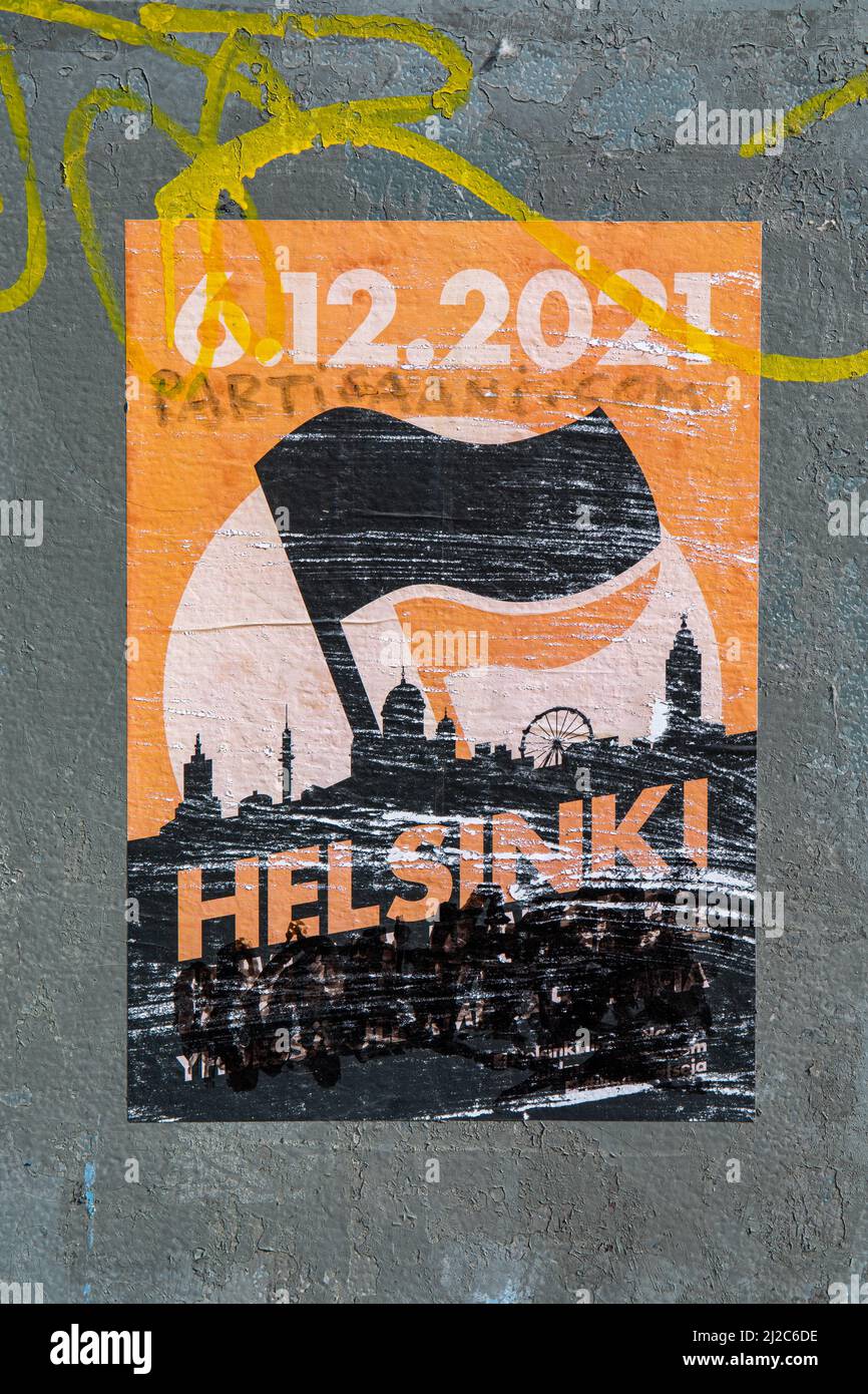 Helsinki ilman natseja. Defaced anti-nazi poster on street cabinet in Helsinki, Finland. Stock Photo