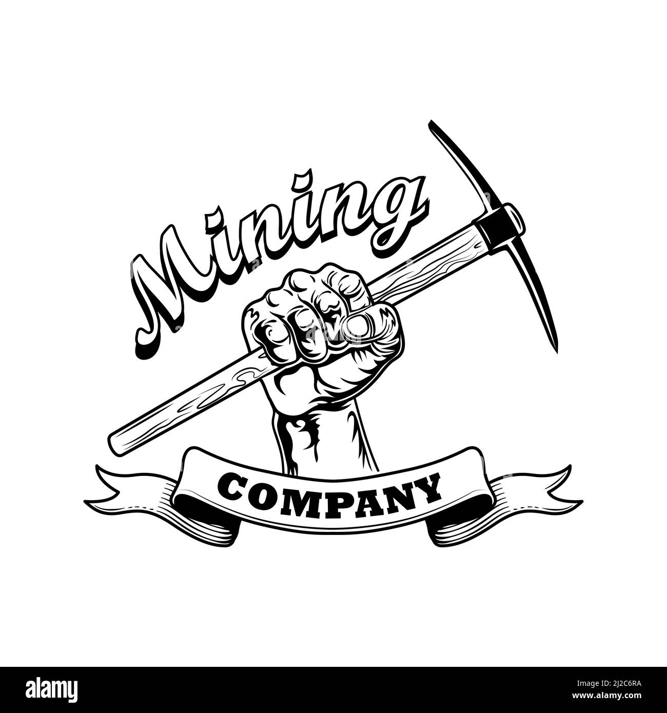 Coal miners hand vector illustration. Twibill in human fist, text on ribbon. Coal mining company concept for emblems and badges templates Stock Vector