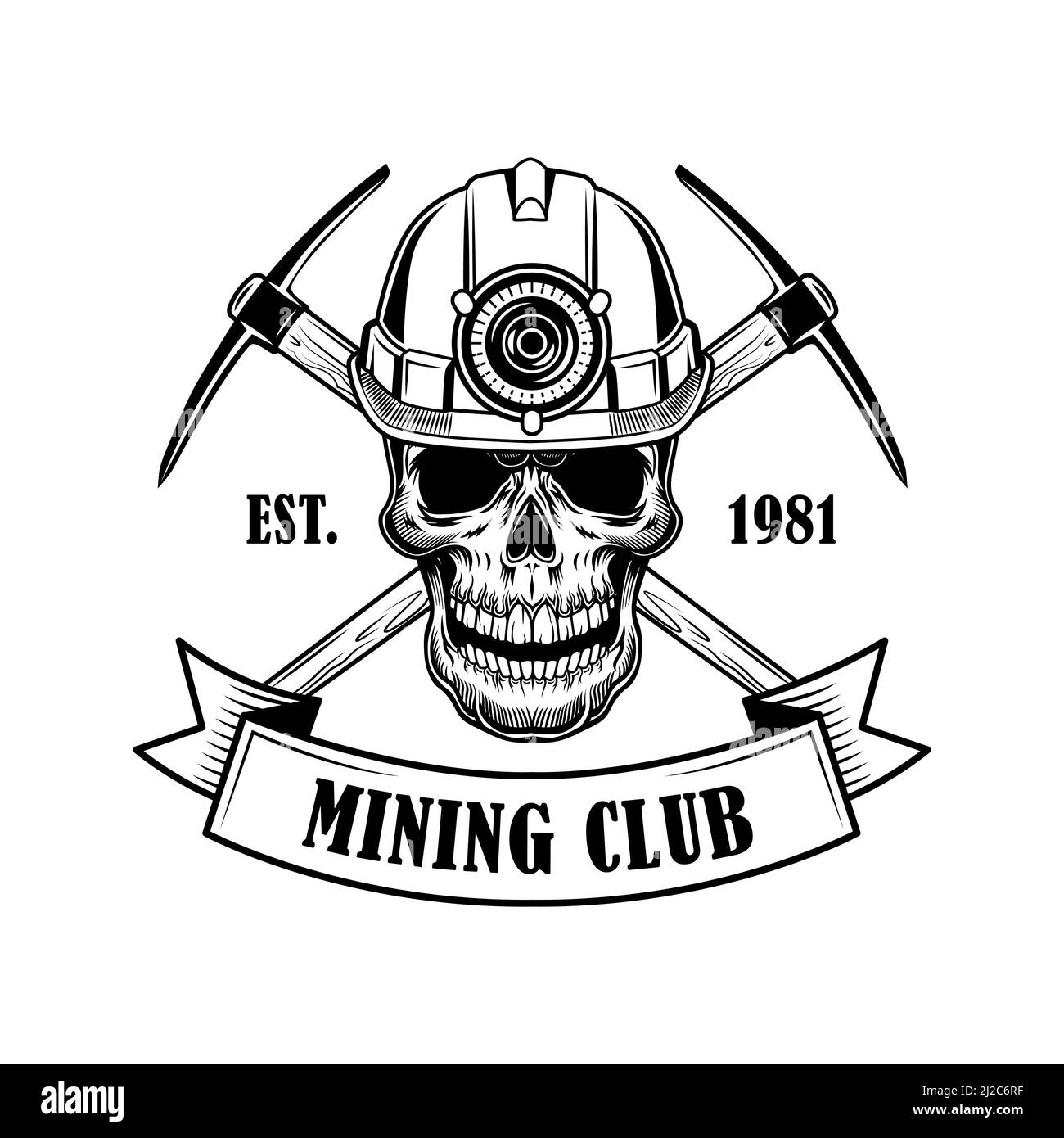 Coal miners skull vector illustration. Head of skeleton in helmet with torch, crossed twibills and text. Coal mining tools concept for emblems and bad Stock Vector