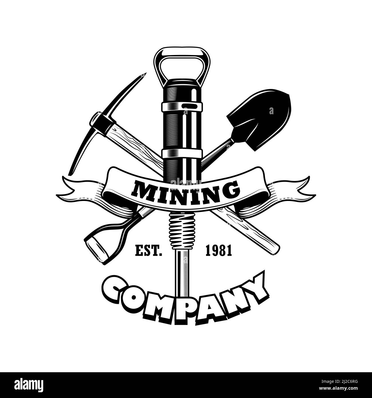 Coal miners tools vector illustration. Crossed twibill, shovel, jackhammer pick, text on ribbon. Coal mining company concept for emblems and badges te Stock Vector