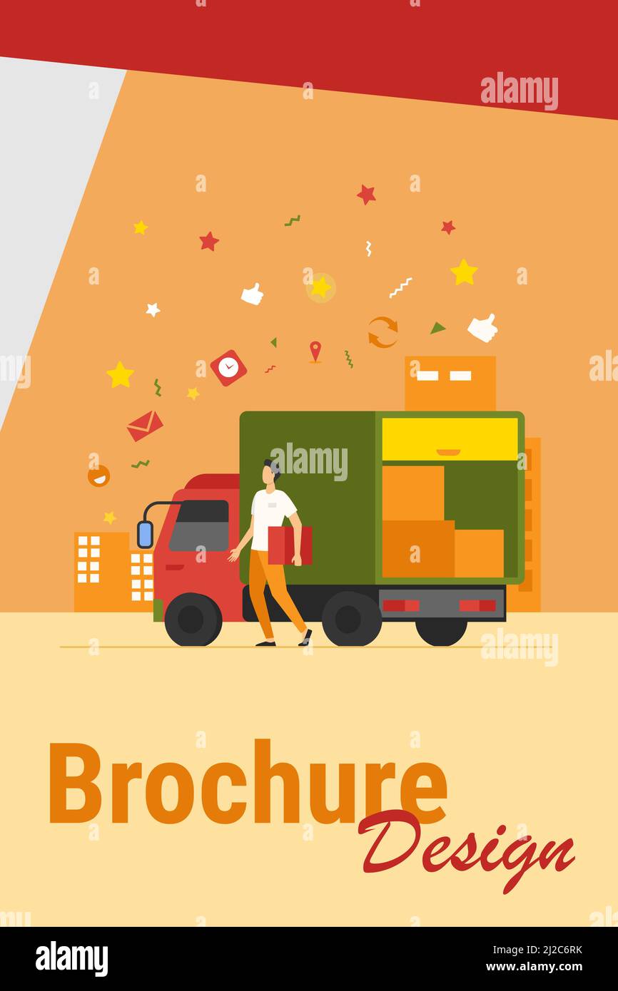 Courier with truck delivering order. Man carrying box from shipping lorry with other packages. Vector illustration for delivery service, transport, lo Stock Vector