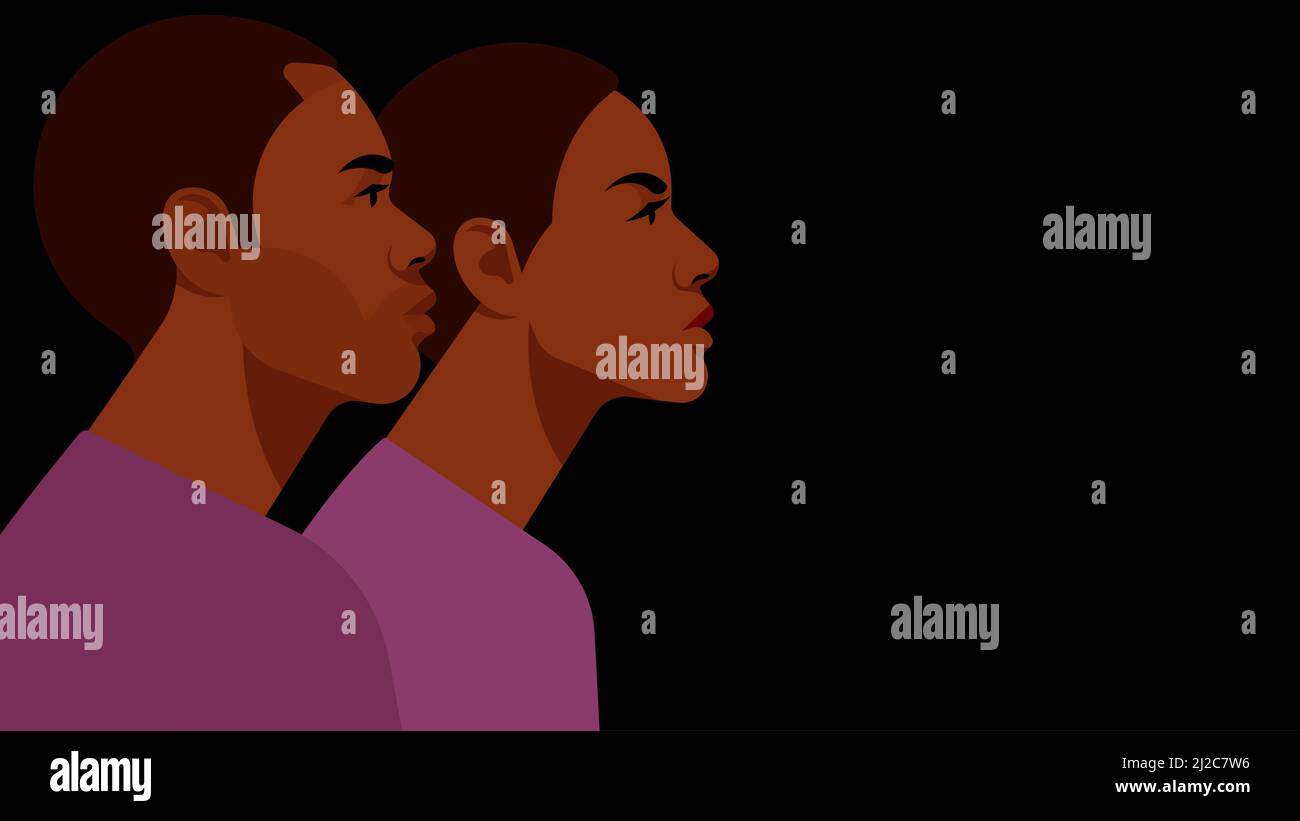 Bright black people - dark-skinned man and woman, side view, portrait of face and shoulders. The concept of students, couples, colleagues, people with Stock Vector