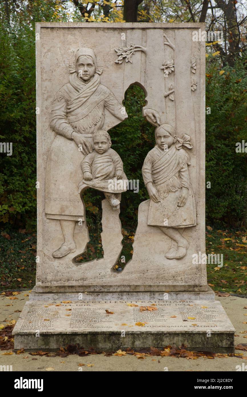 Memorial devoted to the Hungarians fallen in World War I and World War II in the village of Vácrátót in Hungary. The memorial designed by Hungarian sculptor Böjte Horváth István was unveiled in October 2014. Stock Photo