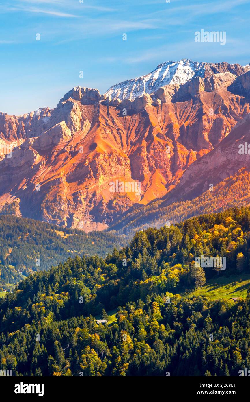 Fantastic mountains landscape in the Swiss Alps. Colorful rocks and forest trees Stock Photo