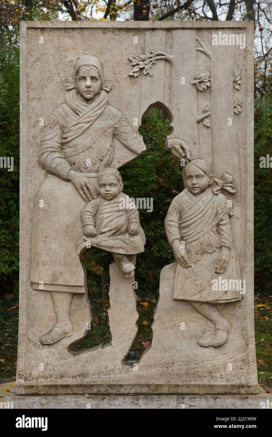 Memorial devoted to the Hungarians fallen in World War I and World War II in the village of Vácrátót in Hungary. The memorial designed by Hungarian sculptor Böjte Horváth István was unveiled in October 2014. Stock Photo