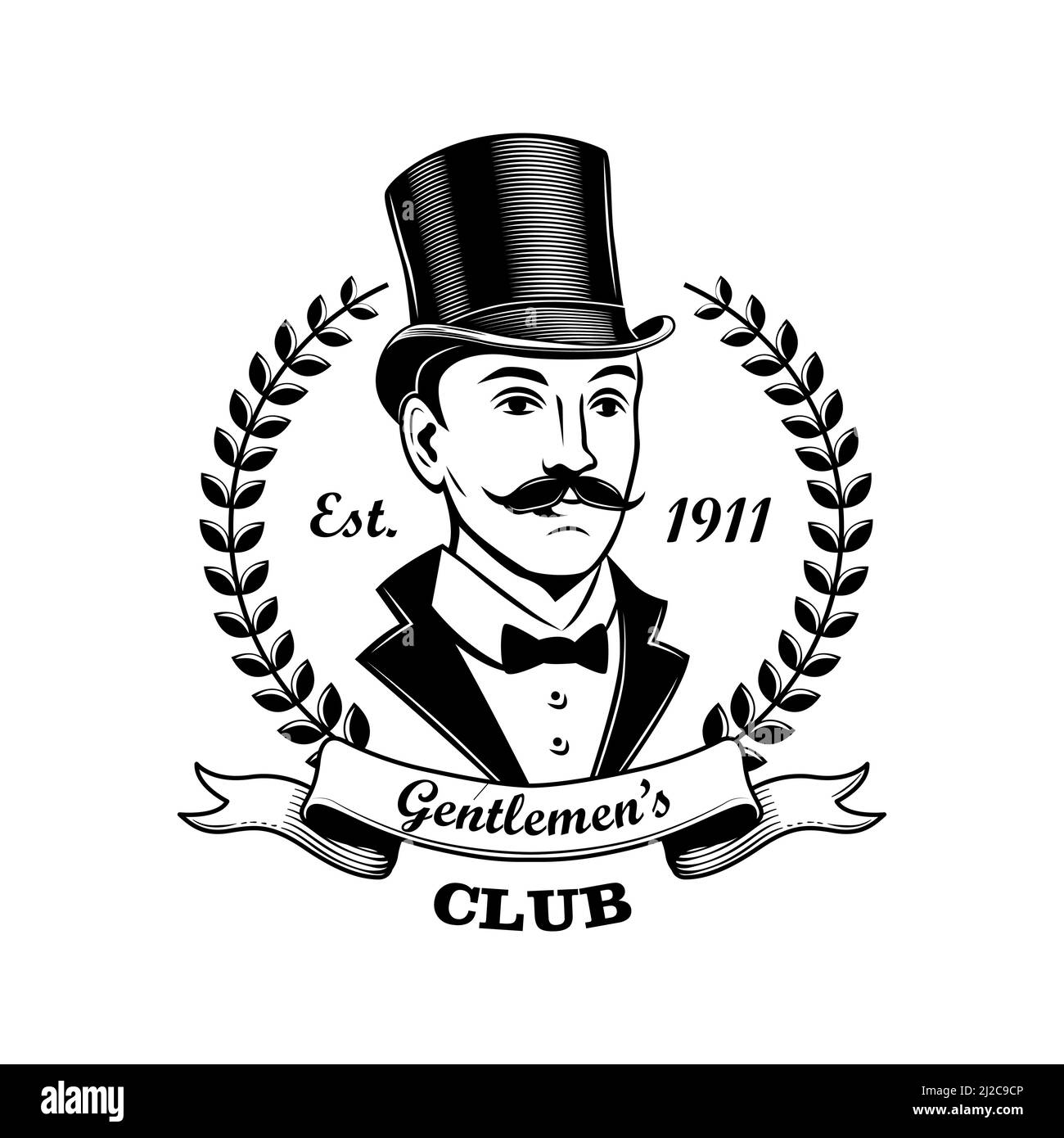 Gentlemen club emblem vector illustration. Man in smoking and top hat, laurel wreath frame. Bar, pub or shop concept for labels or badges templates Stock Vector