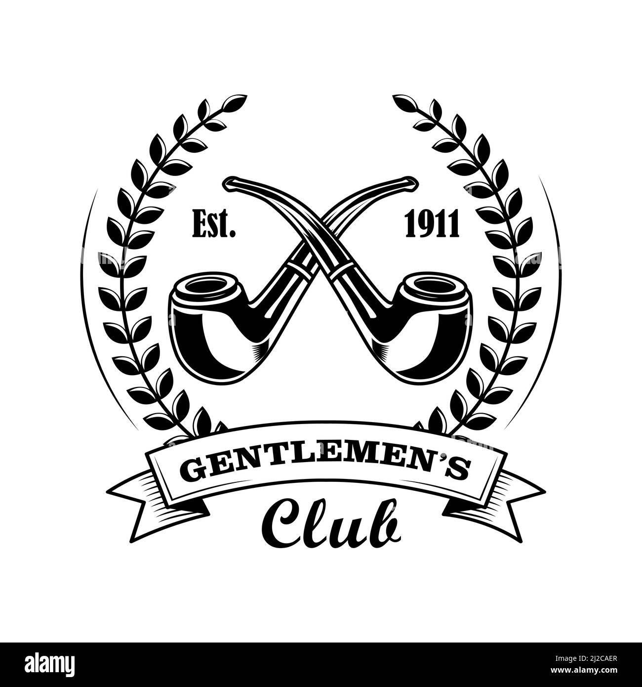 Gentleman club symbol vector illustration. Crossed pipes, laurel wreath, text. Tobacco shop concept for labels or badges templates Stock Vector