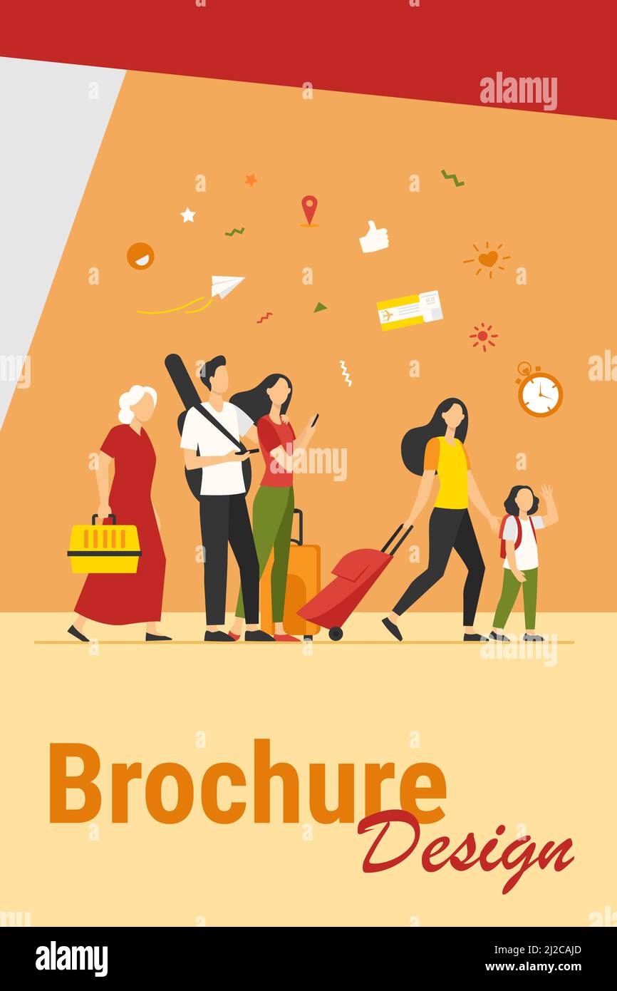 Group of tourists with suitcases and bags standing in airport. Families, elderly couples travelling with luggage. Vector illustration for trip, journe Stock Vector