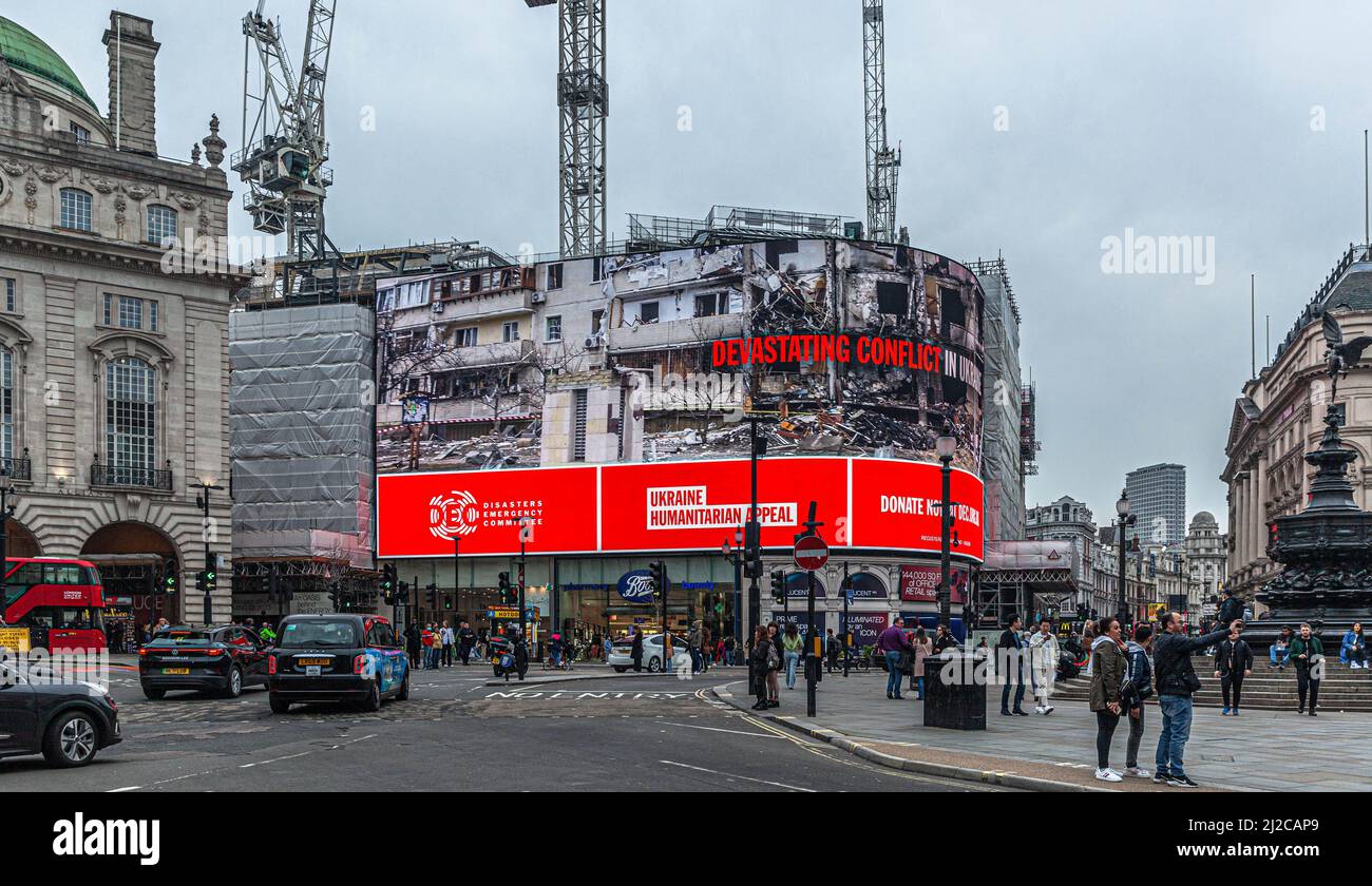 Ukraine Humanitarian Appeal advertising, Piccadilly Circus, london, England, UK. Stock Photo