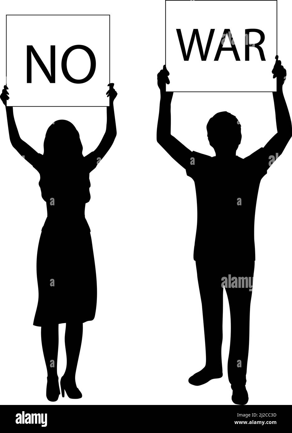 Silhouettes men and woman holds placard NO WAR. Stock Vector