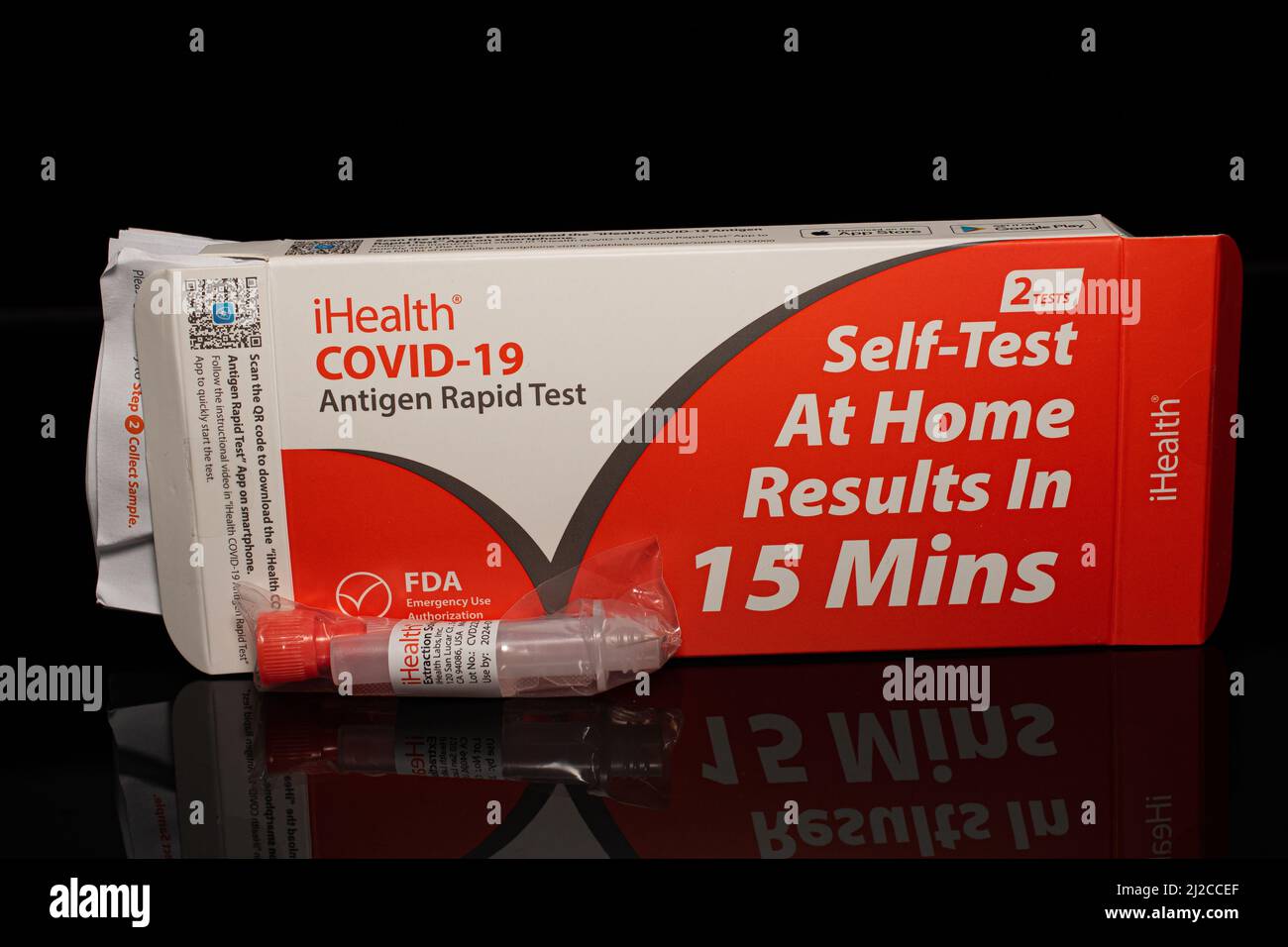 Defective free at home iHealth Covid 19 antigen test CDC FDA NIH Stock Photos, no testing solution in the vials. Stock Photo