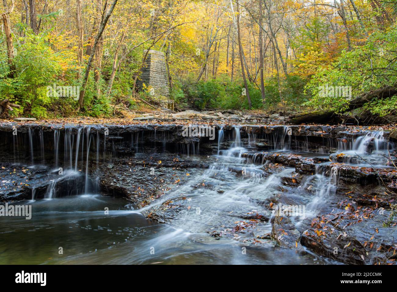 Autumn trees and color around a waterfall on Sharon Creek. Sharon Woods Metro Park, Sharonville, Cincinnati, Ohio, USA. Stock Photo