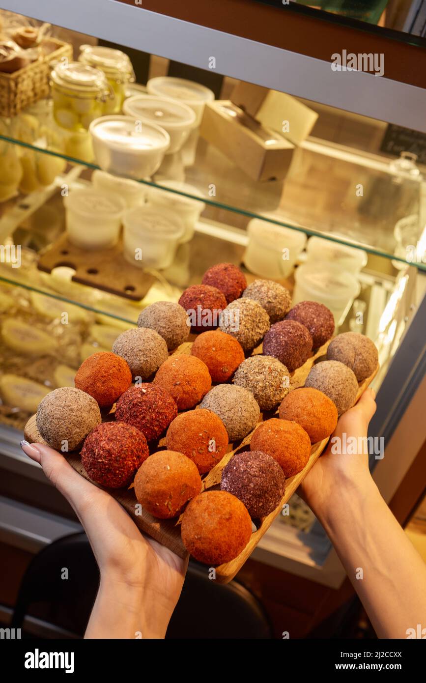 Belper Knolle cheese in the form of small balls. Small Swiss hard ...