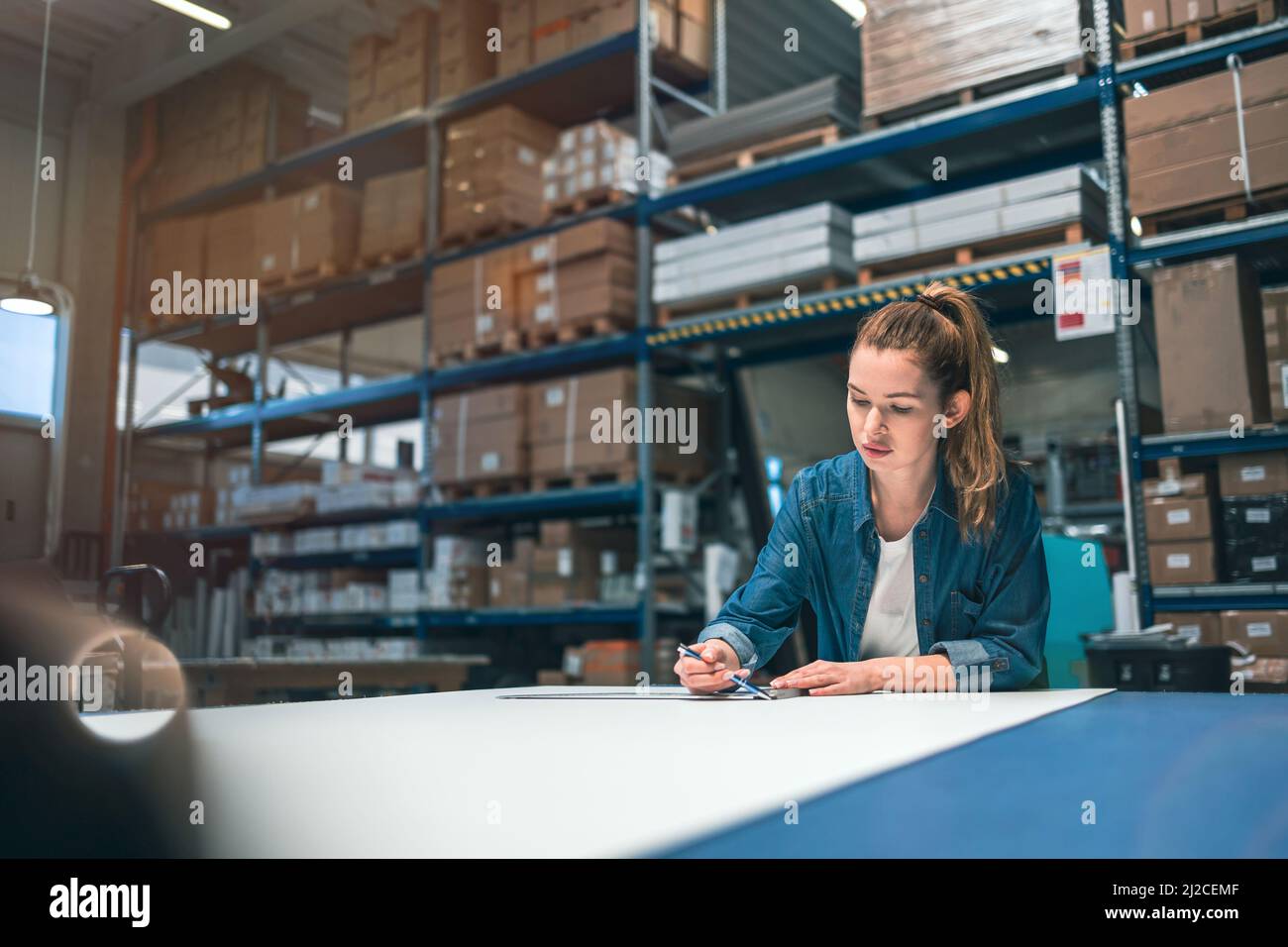 Young woman working in an industrial place of work Stock Photo