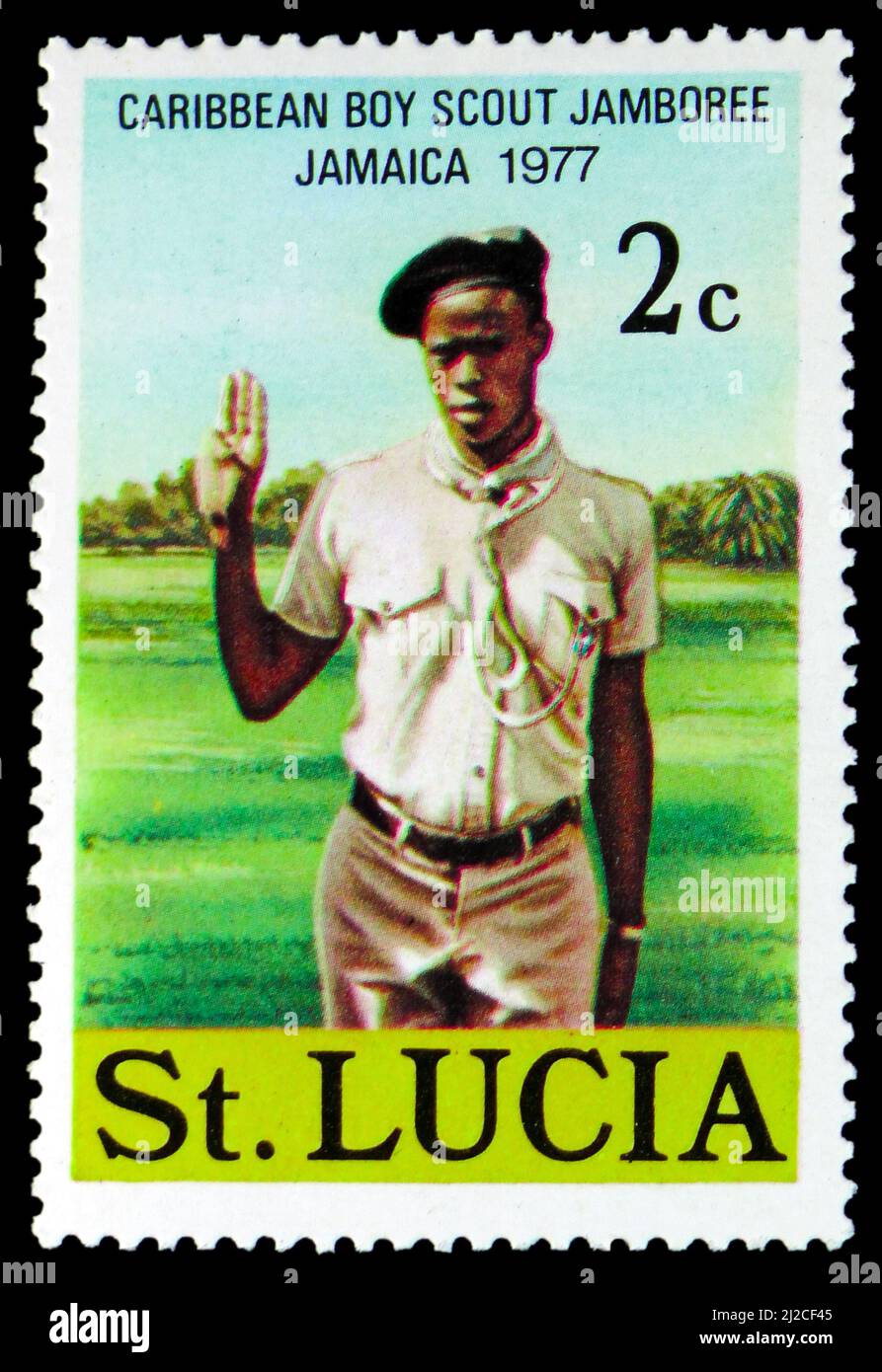MOSCOW, RUSSIA MARCH 13, 2022 Postage stamp printed in Saint Lucia shows Boy Scout, Carribean