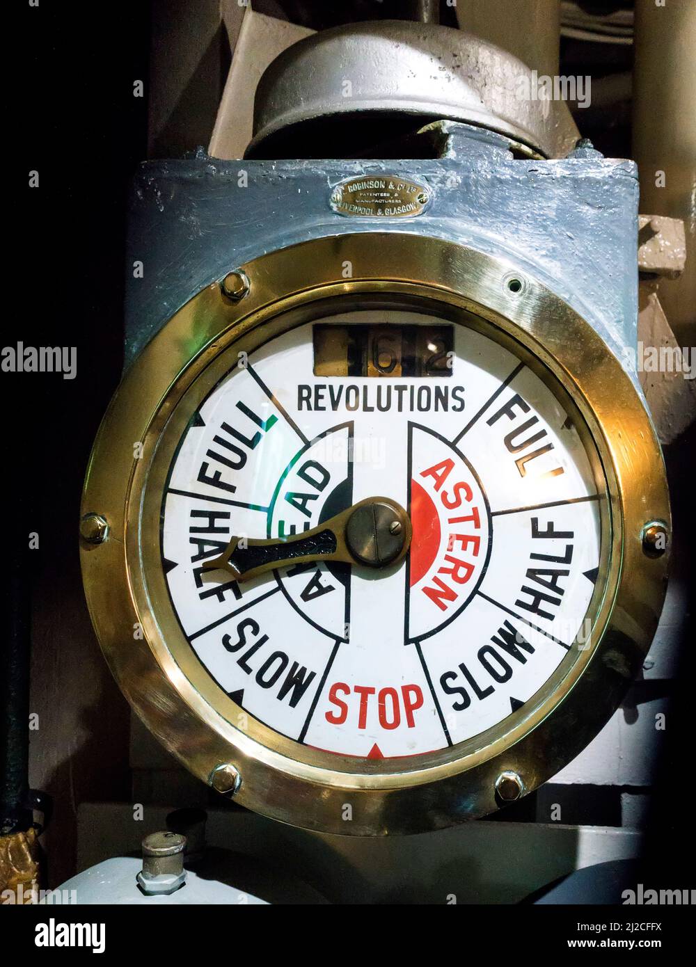 Engine room speed and direction dial on British warship HMS Belfast Stock Photo