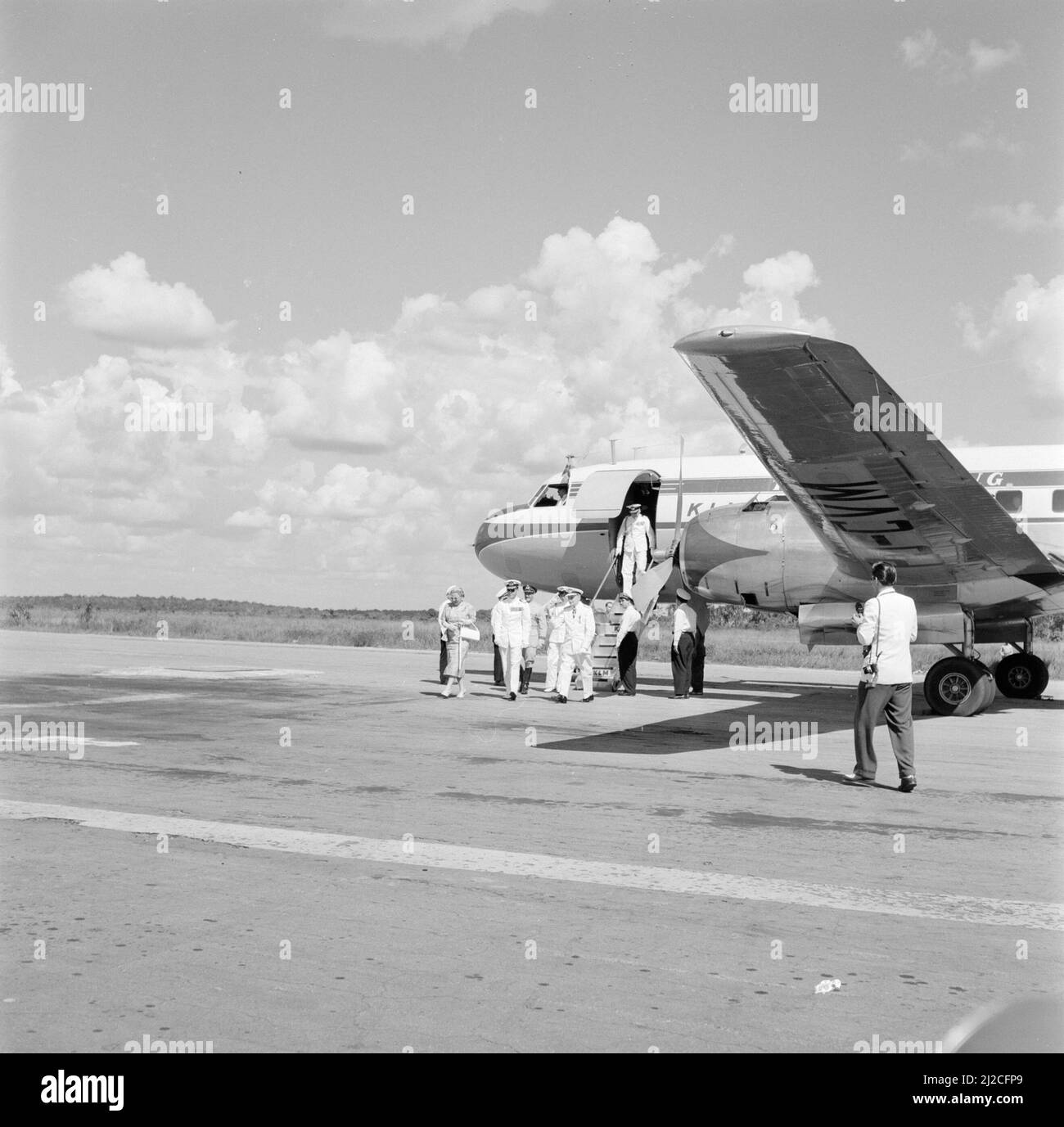Arrival of Queen and Prince at Zanderij Airport in Suriname ca: October 27, 1955 Stock Photo