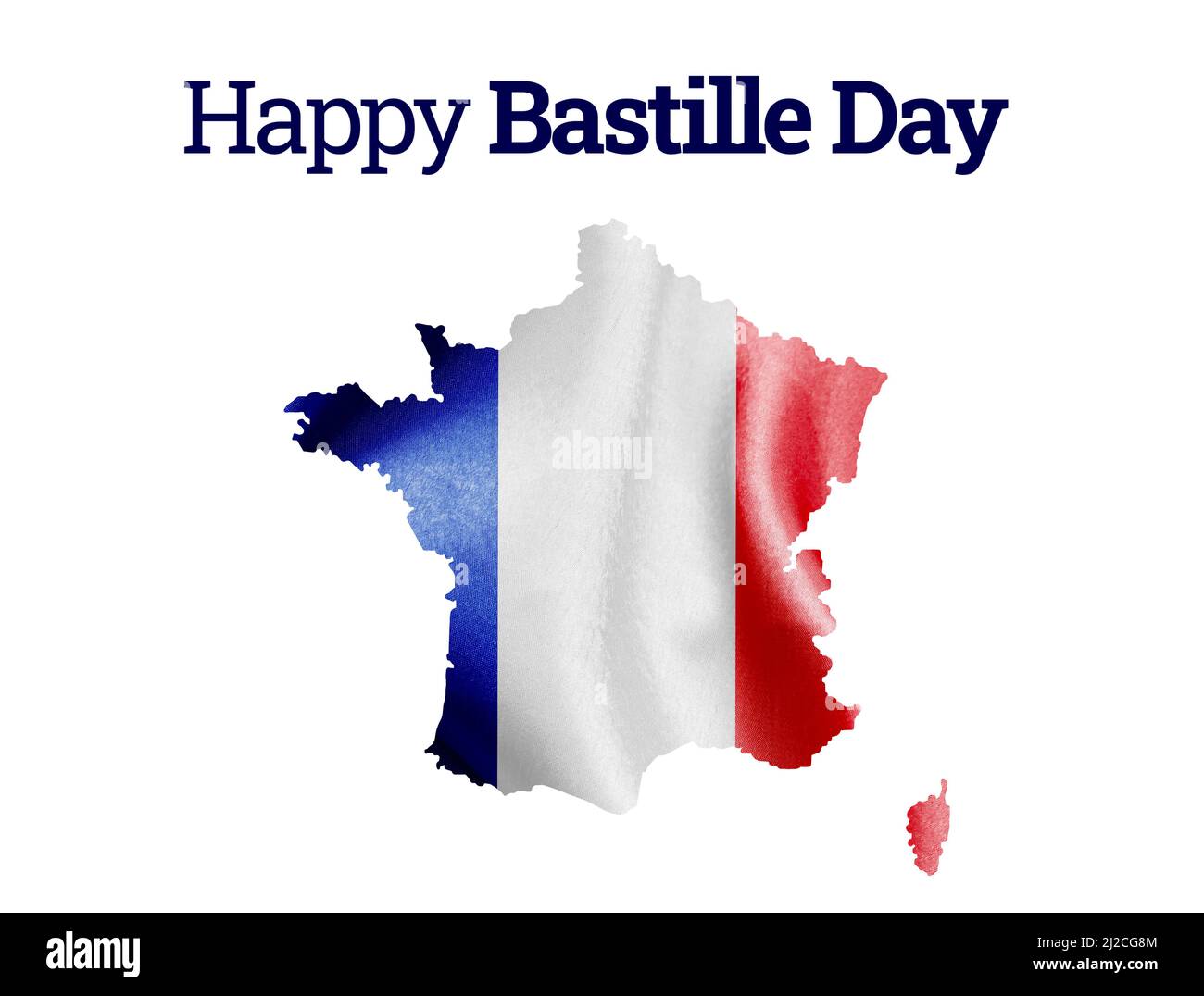 Map of France in colors of French flag and text HAPPY BASTILLE DAY on white background Stock Photo