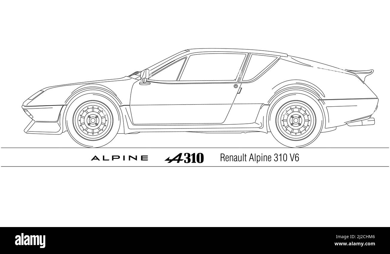 Renault Alpine A310 V6 silhouette outlined on the white background, illustration Stock Photo