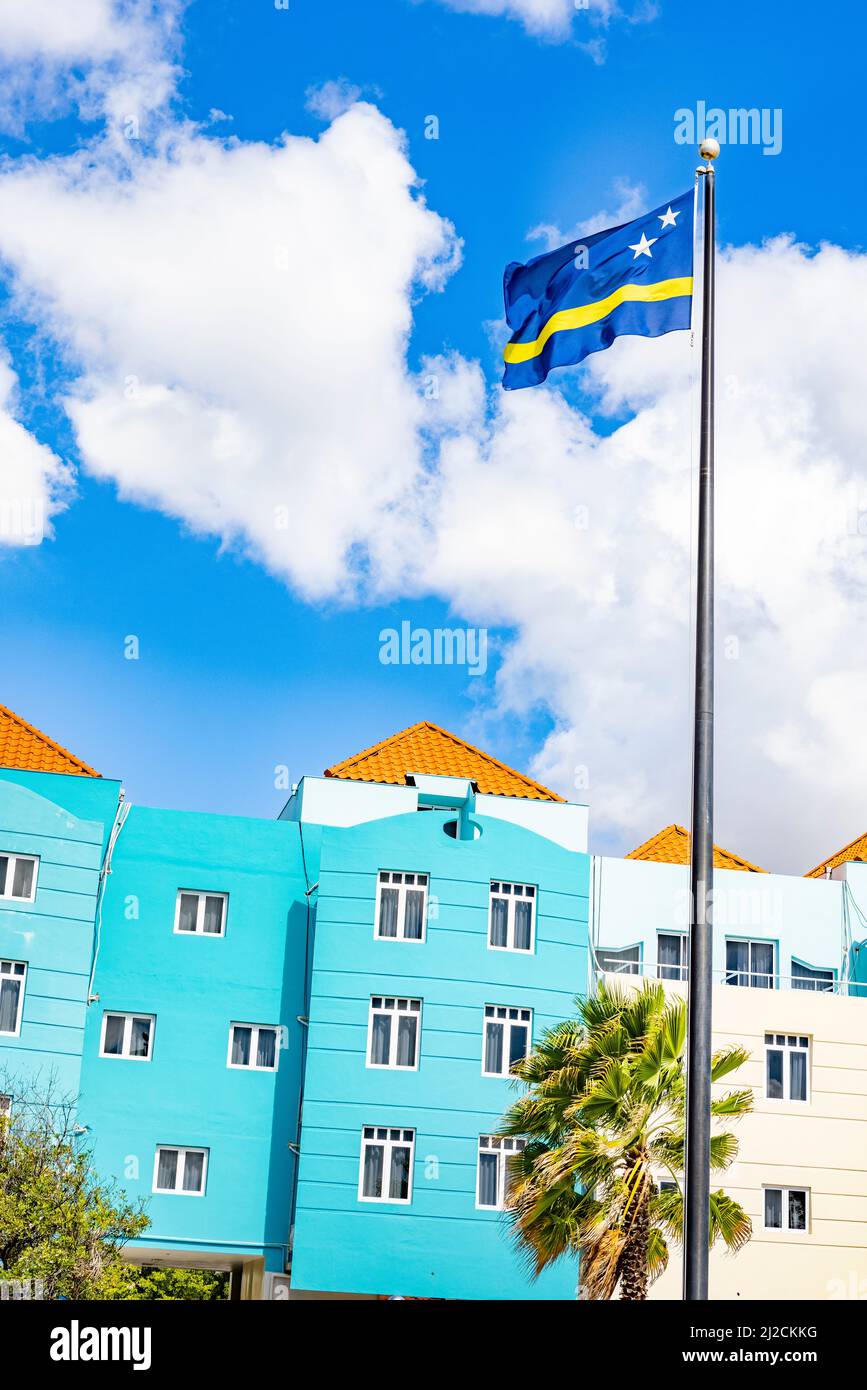 Flag of Curacao waving at the city center of Willemstad, Curacao Stock Photo